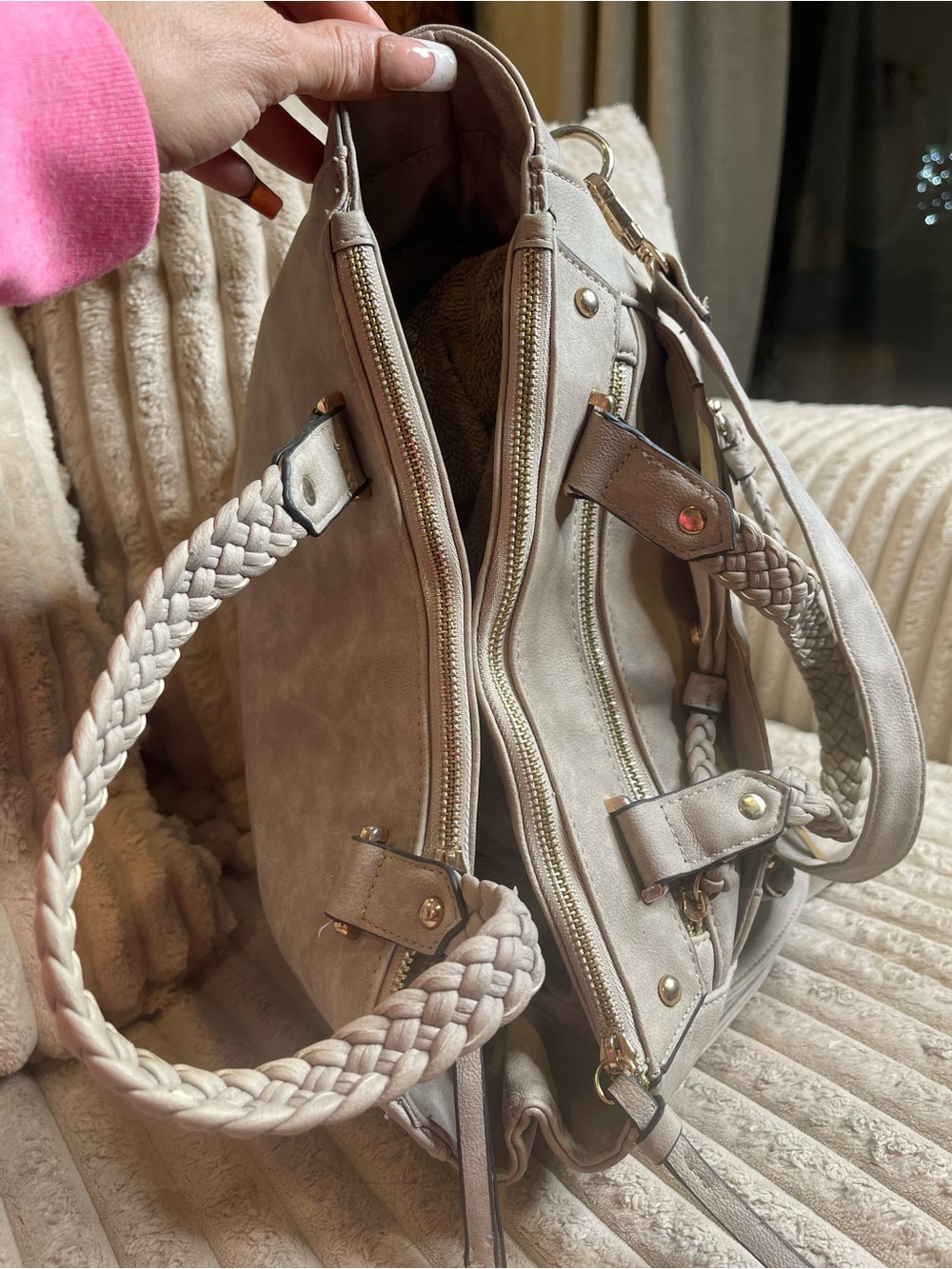 Angel Kiss Taupe Hobo Shoulder Bag Braided Strap Multi Pocket Purse - Picture 6 of 7